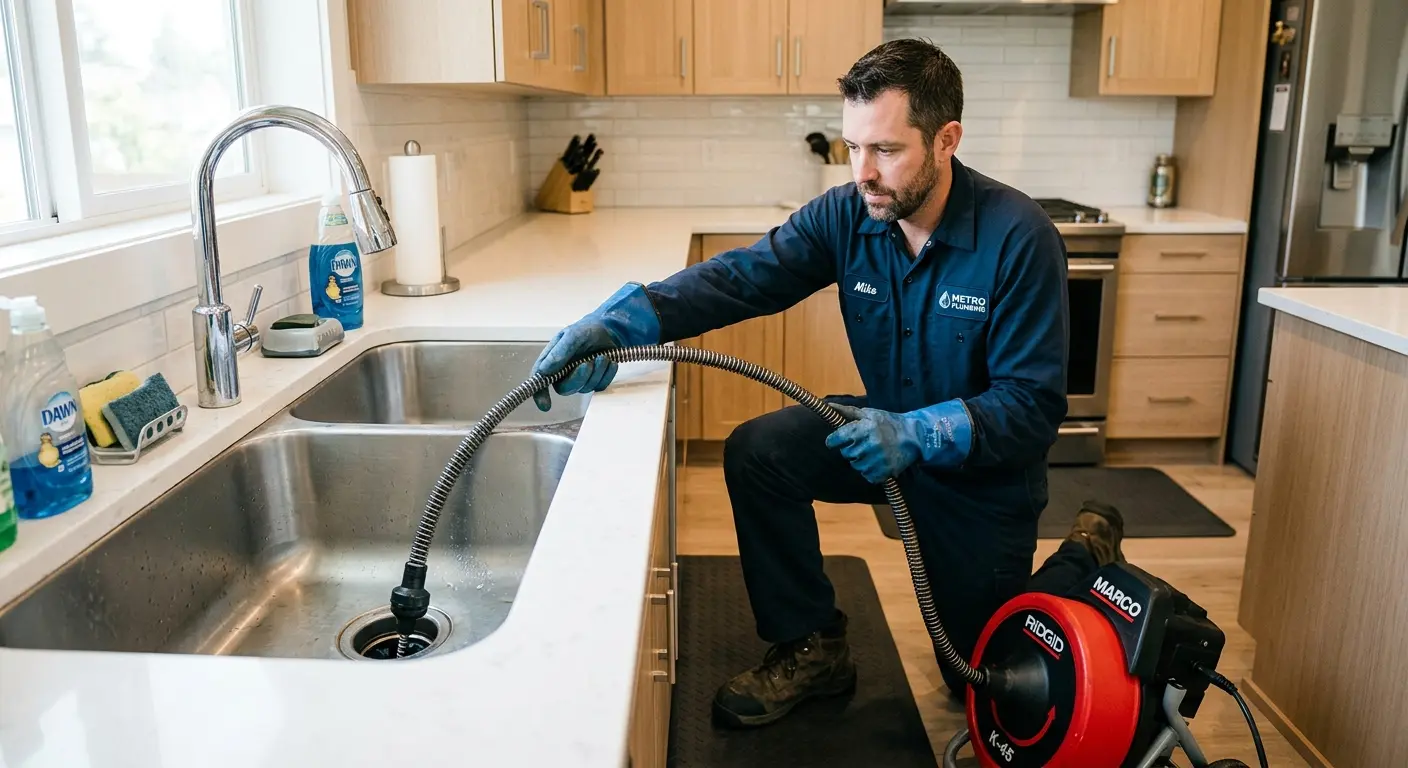 Drain cleaning technician using a motorized snake on a kitchen sink in Candler-McAfee