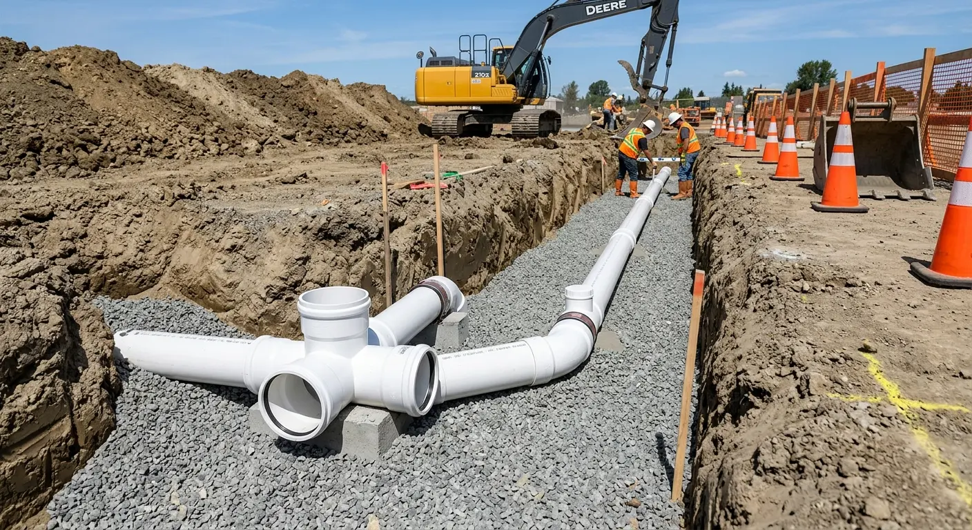 New PVC sewer pipe installation in open trench for Grease Trap Cleaning in Candler-McAfee