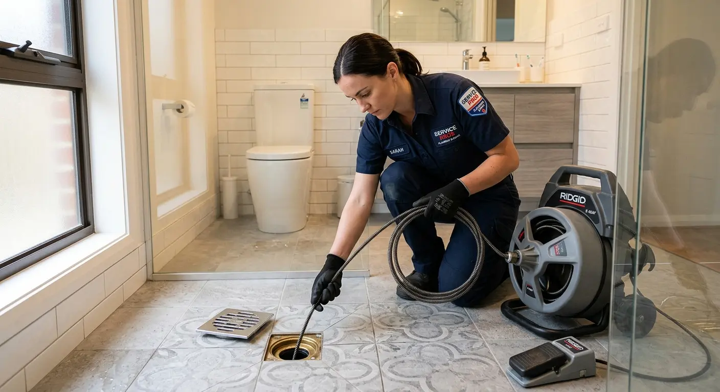 Technician clearing a bathroom floor drain for Drain Cleaning in Candler-McAfee
